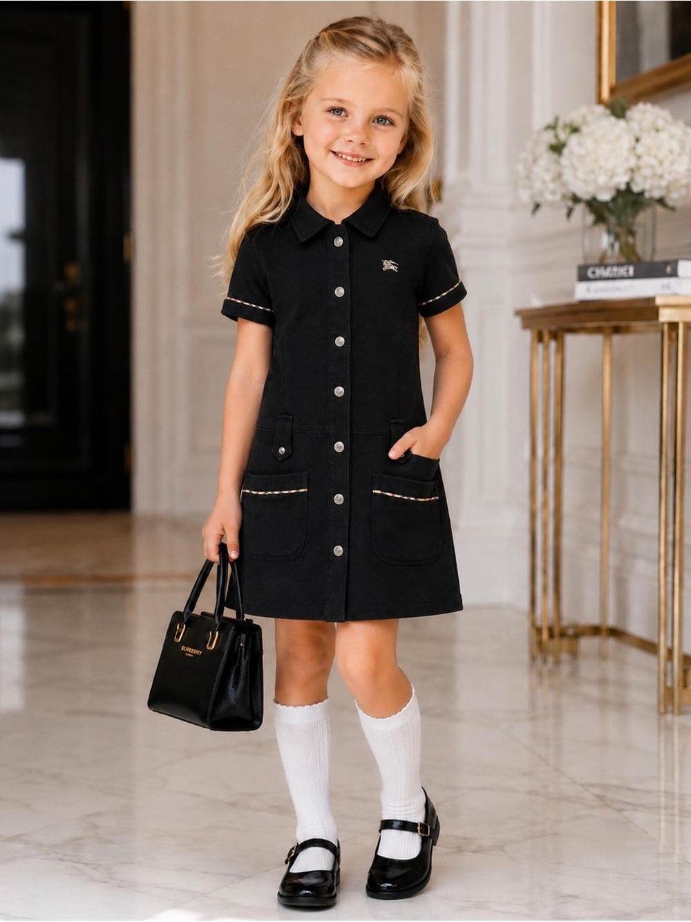 Burberry London Button Up Iconic Nova Check Black Check Trim Shirt Dress
